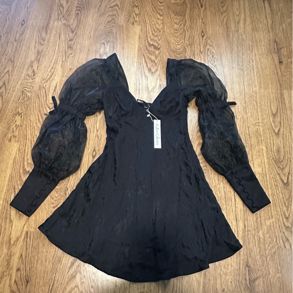 For Love & Lemons Black Gabrielle Puff Sheer Long Sleeve Mini Dress XS NWT - Picture 2 of 12